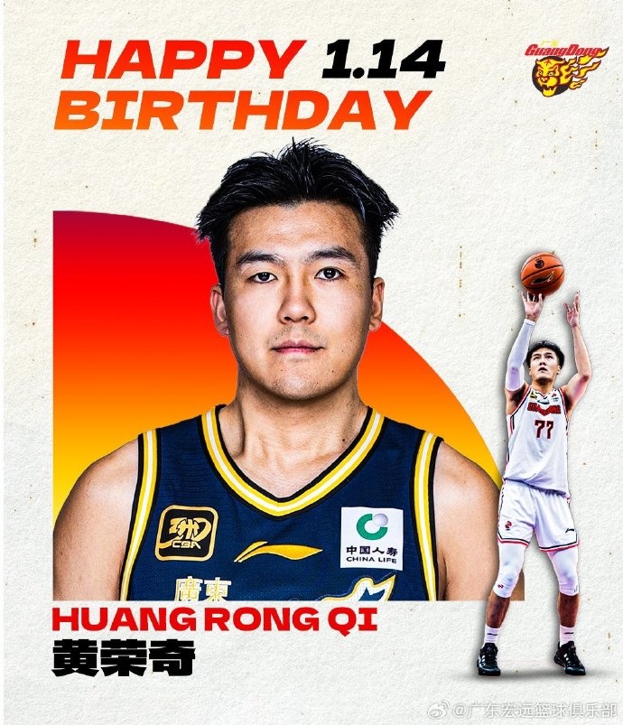 成都的王祝廣東男籃球員黃榮奇26歲生日快樂！